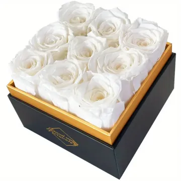 9 Preserved White Roses – Square Box with Acrylic Lid