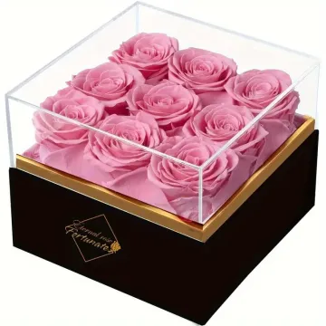 9 Preserved Pink Roses – Square Box with Acrylic Lid